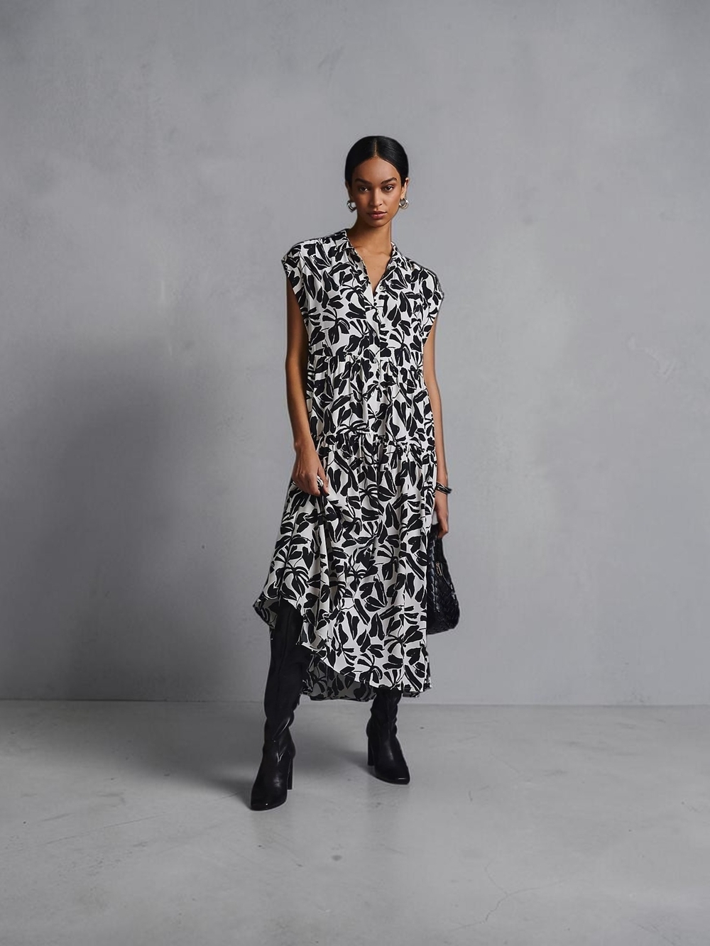 Anthropologie Tiered Black and White leaf Shirt Dress